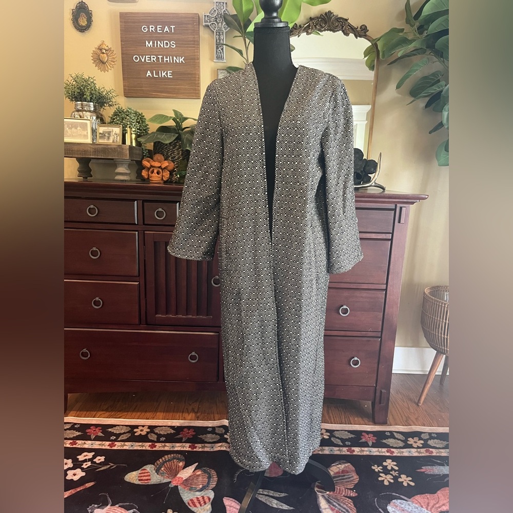 Anthropologie The Odells Elegant Black and White Patterned Long Coat Sz Small